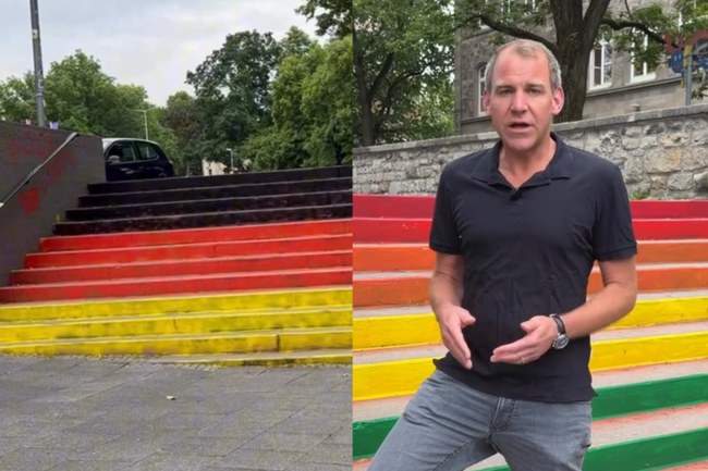 Watch: Kurz vor der Pride: Regenbogentreppe übermalt und Gedenkorte beschmiert