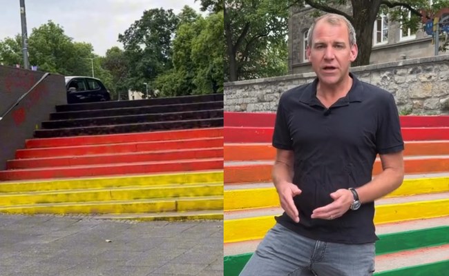 Watch: Kurz vor der Pride: Regenbogentreppe übermalt und Gedenkorte beschmiert