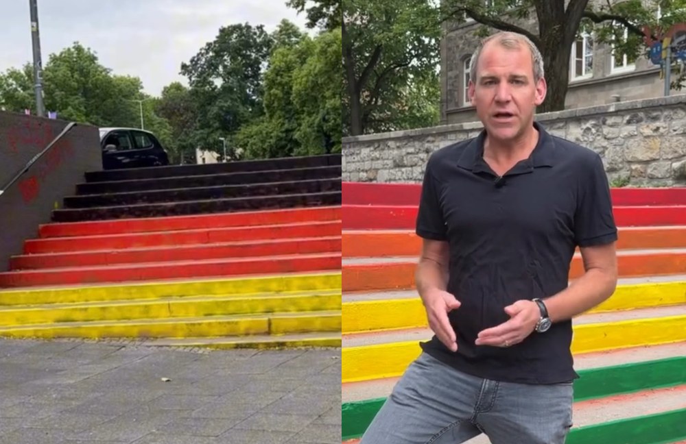 Watch: Kurz vor der Pride: Regenbogentreppe übermalt und Gedenkorte beschmiert
