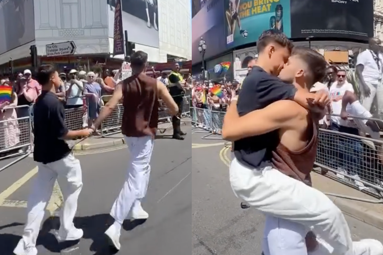 Watch: Was für ein Kuss - direkt vor Gegendemonstranten an der London Pride