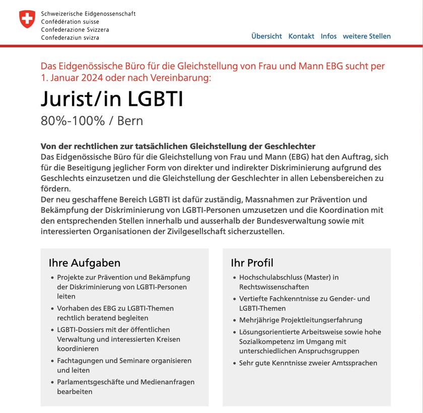 SCHWEIZ: Stellenausschreibung des Bundes für Jurist/in LGBTI steht